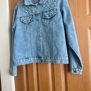 David's Bridal Blue Jean Jacket with Pearl Embellishments